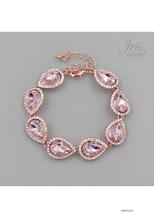 Iris Island Women Rose Gold Plated Pink Austrian Crystal Bridal Teardrop Bracelet for wedding Bridesmaids