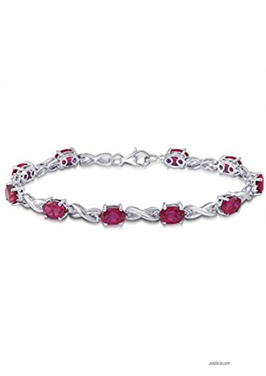 Jewelili Sterling Silver 7x5MM Oval Shape Created Ruby and Natural White Round Diamond Accent Bracelet 7.25