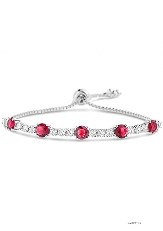 MIA SARINE Rhodium Plated Sterling Silver Round Simulated Gemstone and CZ Adjustable Bolo Tennis Bracelet for Women