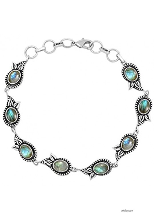 MIRRAMOR Natural Moonstone Labradorite Lapis Bracelet 5x7mm Oval Shape Gemstone 925 Silver Overlay Handmade Bracelet Jewelry
