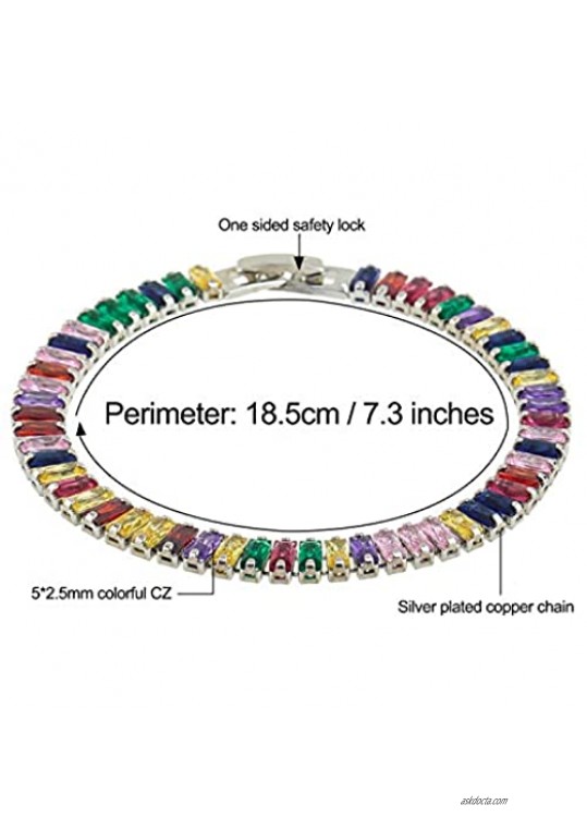 PLTGOOD Rectangle Colorful 5x2.5mm CZ Beads Zirconia Friendship Tennis Bracelets 7.3inches Silver & Gold Plated Copper Bracelet with Lobster Claw Clasp for Woman
