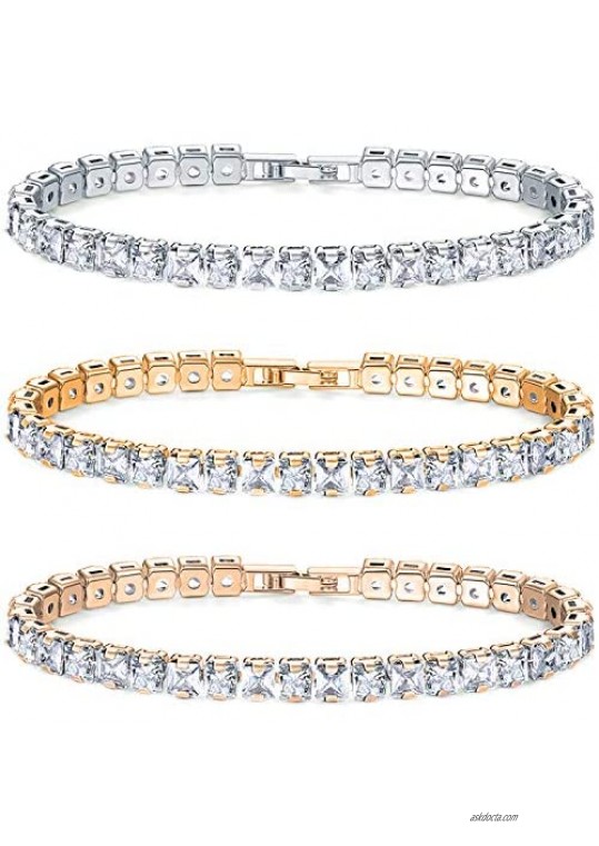 Savlano 3 Pack White  Yellow  Rose 14K Gold Plated Cubic Zirconia Princess Cut 3MM Classic Tennis 7.5 in Bracelet For Women