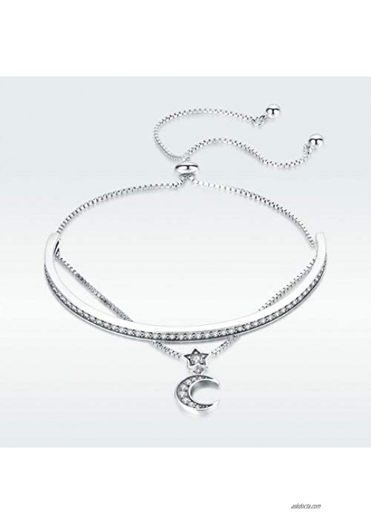 SLUYNZ 925 Sterling Silver Star Moon Adjustable Bolo Strand Bracelet for Women Sliding Tennis Bracelet