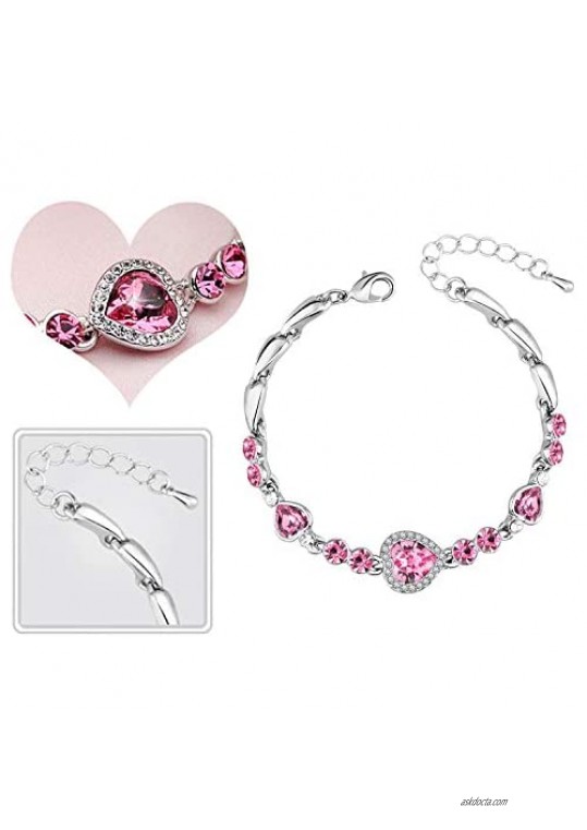 Women Heart Cut Crystal Rhinestone Simulated Pink Sapphire White Gold Plated Adjustable Tennis Bracelet Gift