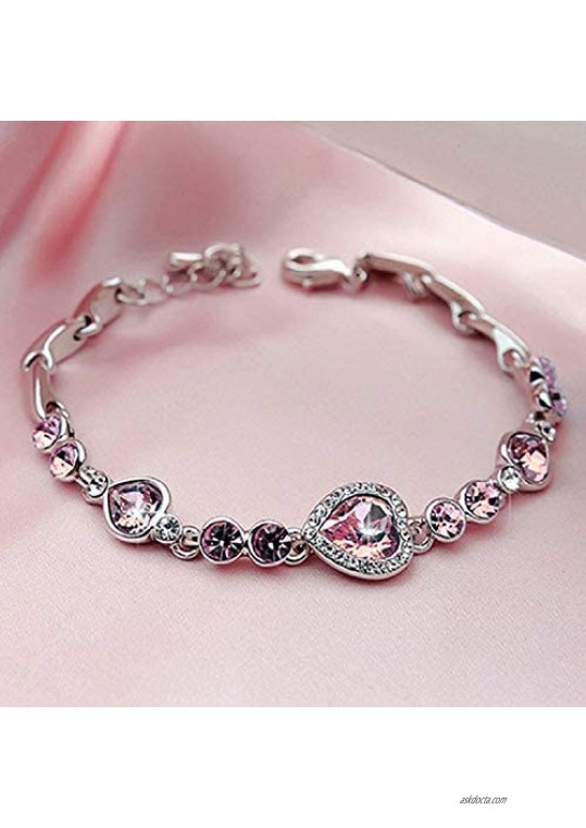 Women Heart Cut Crystal Rhinestone Simulated Pink Sapphire White Gold Plated Adjustable Tennis Bracelet Gift