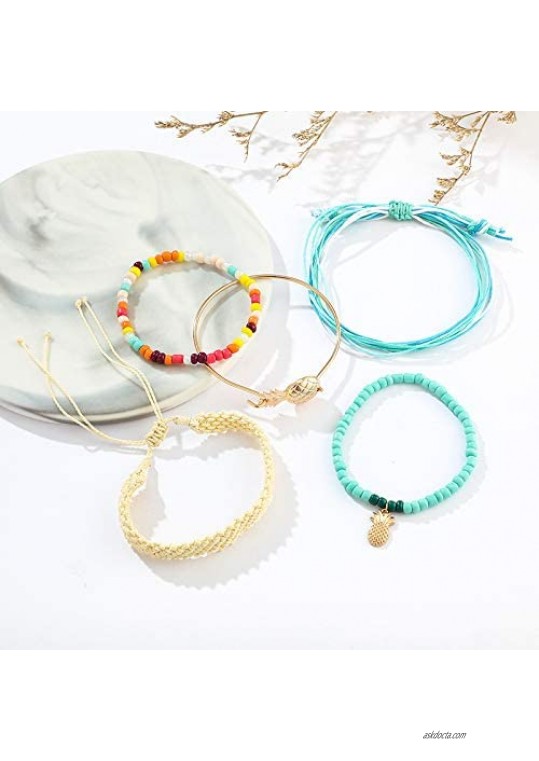 2 Sets Handmade Sunflower String Braided Colored Beaded Adjustable Rope Charms Bracelet Boho Pineapple Feather Surfer Waterproof Wax Coated Woven Wrap Cuff Bangle for Women Girls Beach Jewelry