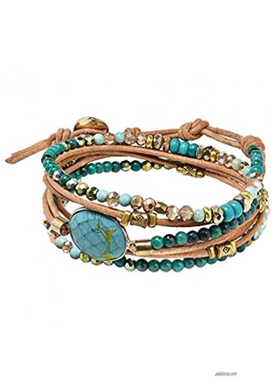 AeraVida Faceted Oval Simulated Turquoise Mix Stones Natural Leather Wrap Multiwear Bracelet