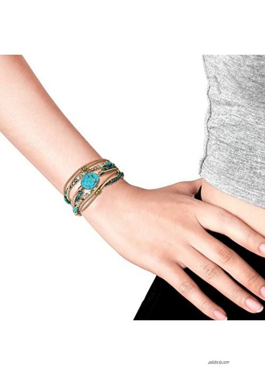 AeraVida Faceted Oval Simulated Turquoise Mix Stones Natural Leather Wrap Multiwear Bracelet