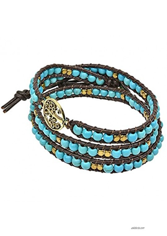 AeraVida Mystic Tree of Life on Genuine Leather and Simulated Turquoise Wrap Bracelet