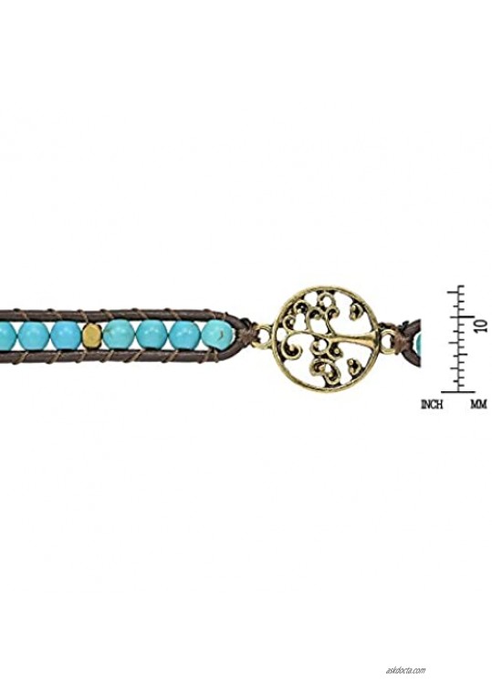 AeraVida Mystic Tree of Life on Genuine Leather and Simulated Turquoise Wrap Bracelet