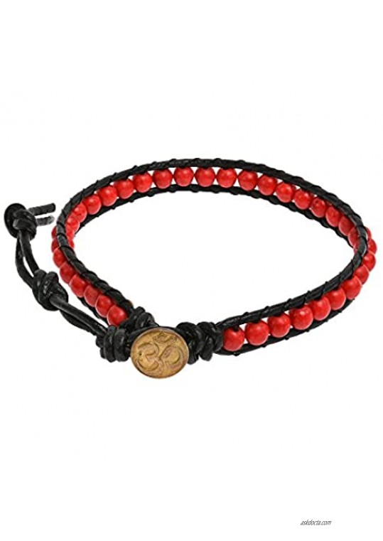 AeraVida Reconstructed Red Coral Round Charm Single Strand Leather Bracelet
