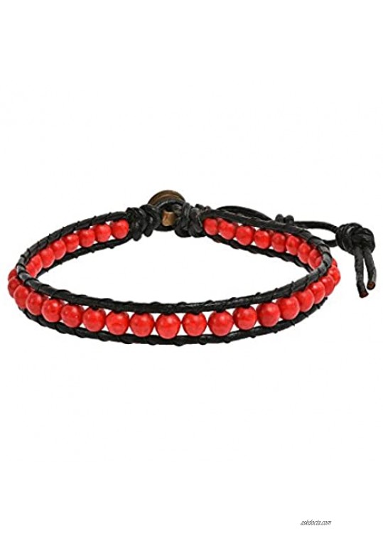 AeraVida Reconstructed Red Coral Round Charm Single Strand Leather Bracelet