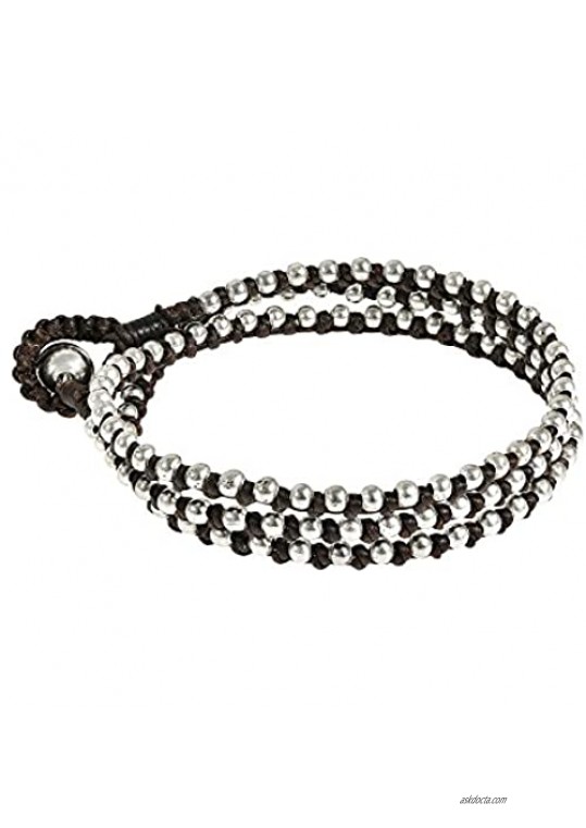 AeraVida Triple Wrap Mini Fashion Silver Beads Single Strand Tan Cotton Wax Rope Bracelet