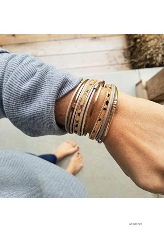 AZORA Leopard Print Leather Wrap Bracelets Tube Metallic Leather Cuff Bracelet with Magnetic Buckle Gorgeous Bangle for Women Teen Girls Mom