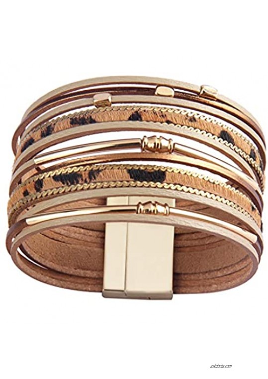 AZORA Leopard Print Leather Wrap Bracelets Tube Metallic Leather Cuff Bracelet with Magnetic Buckle Gorgeous Bangle for Women Teen Girls Mom