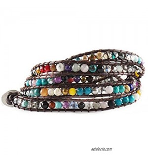 Baubles N Gems The Cheerful in Colors - 34" Multicolor Beads Brown Leather Wrap Bracelet
