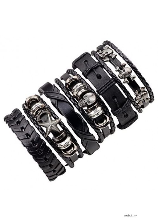 Black Leather Skull Bracelet 6PCS Unisex Adjustable Multilayer Skull Braided Leather Bracelets Wrap Set for Men Women
