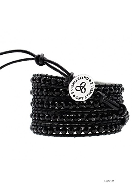 CHRISTINELLE Leather Wrap Bracelet  Beaded Bracelets for Women  Five Rows Jet Black Beads  36"