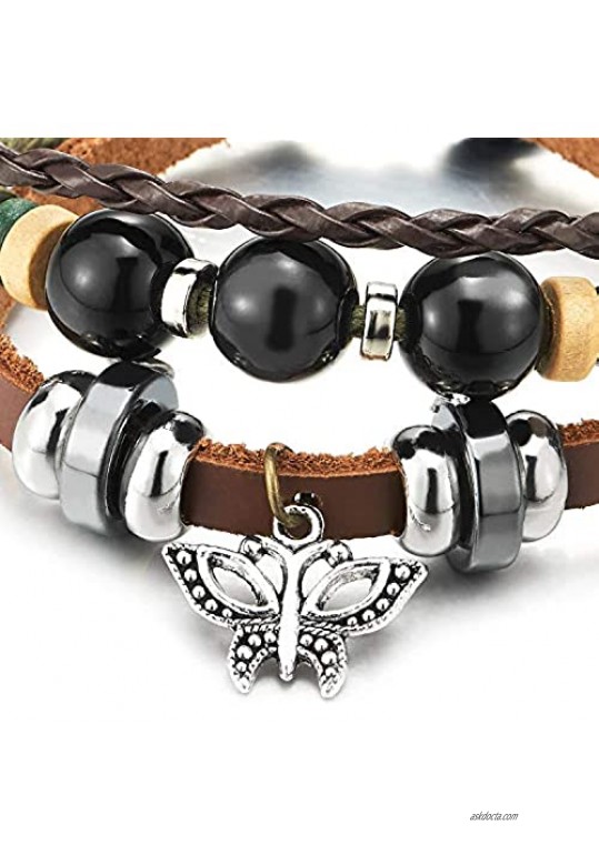 COOLSTEELANDBEYOND Butterfly Beads Charm Brown Leather Navy Blue Cotton Rope Wristband Wrap Bracelet for Women