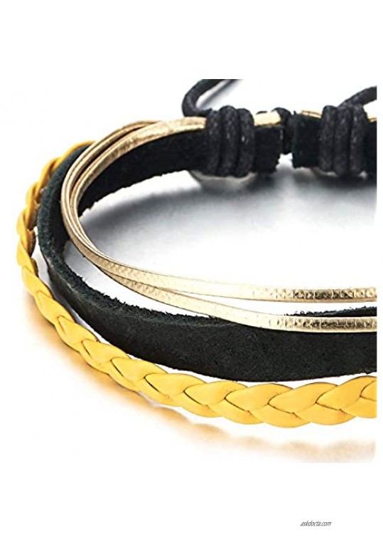 COOLSTEELANDBEYOND Mens Womens Multi-Strand Black Yellow Braided Leather Gold Cotton Rope Wristband Wrap Bracelet