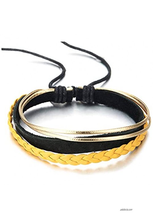 COOLSTEELANDBEYOND Mens Womens Multi-Strand Black Yellow Braided Leather Gold Cotton Rope Wristband Wrap Bracelet