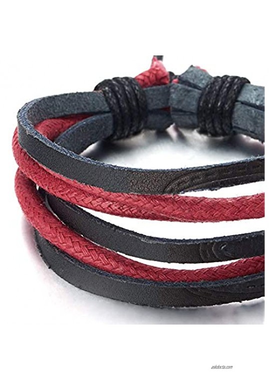 COOLSTEELANDBEYOND Minimalist Mens Womens Multi-Strand Black Leather Red Cotton Rope Wristband Wrap Bracelet Folk