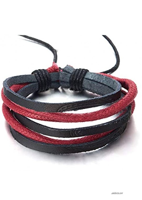 COOLSTEELANDBEYOND Minimalist Mens Womens Multi-Strand Black Leather Red Cotton Rope Wristband Wrap Bracelet Folk