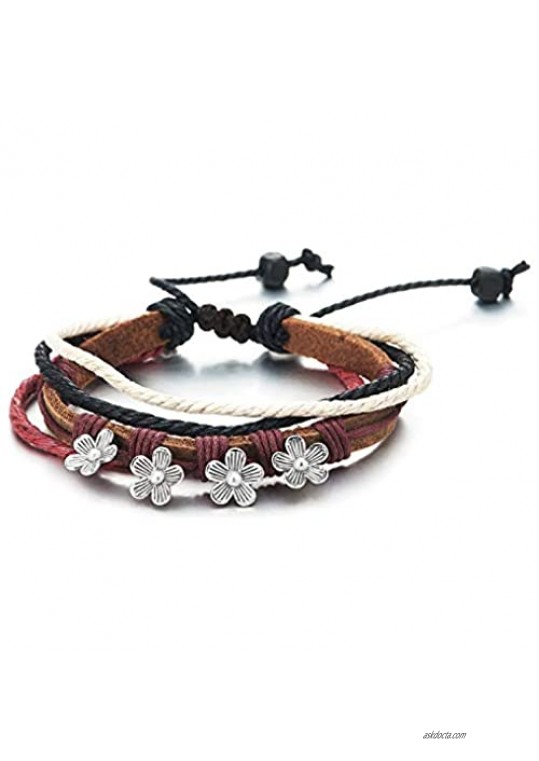 COOLSTEELANDBEYOND Tribal Multi-Strand Brown Leather Cotton Strap Wristband Bracelet with Flower Charm Colorful Cotton