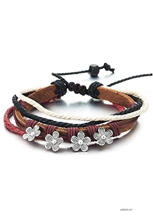 COOLSTEELANDBEYOND Tribal Multi-Strand Brown Leather Cotton Strap Wristband Bracelet with Flower Charm  Colorful Cotton