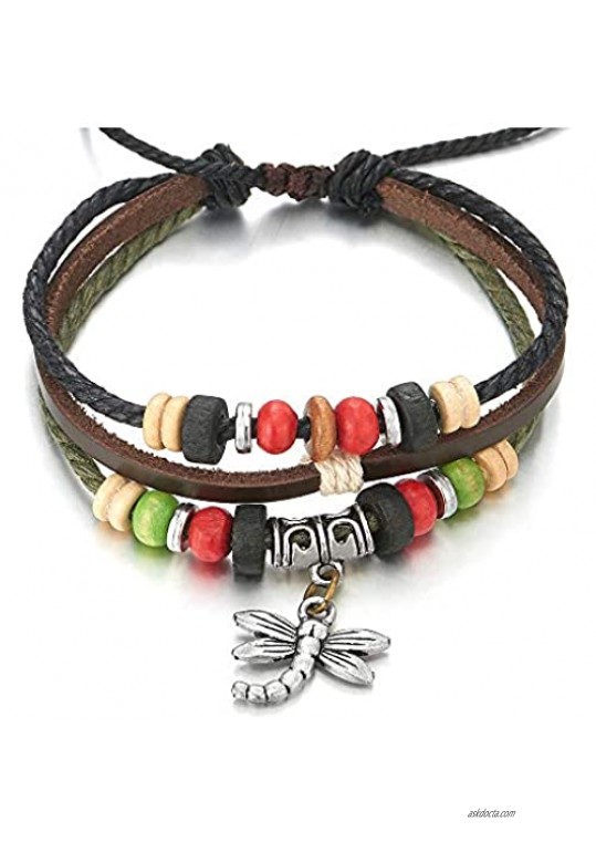 COOLSTEELANDBEYOND Tribal Vintage Dragonfly Bead Charms Multi-Strand Leather Cotton Strap Wristband Bracelet Adjustable