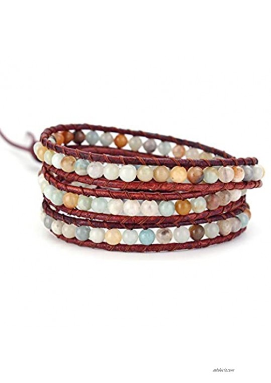 Handmade Boho Bracelet Natural ite Beaded 3 (Triple) Wrap Leather Woven Bracelets Adjustable Jewelry for Women Men