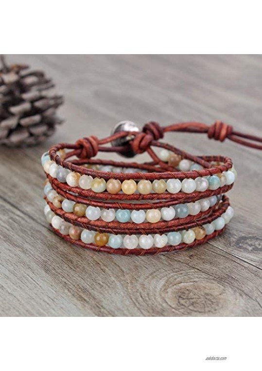 Handmade Boho Bracelet Natural ite Beaded 3 (Triple) Wrap Leather Woven Bracelets Adjustable Jewelry for Women Men