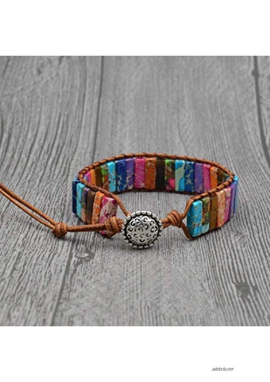 Handmade Imperial Jasper Beaded Leather Wrap Bracelets for Women Teen Girls Adjustable Tiger Eye