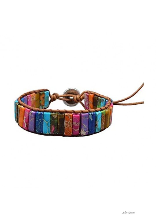 Handmade Imperial Jasper Beaded Leather Wrap Bracelets for Women Teen Girls Adjustable Tiger Eye