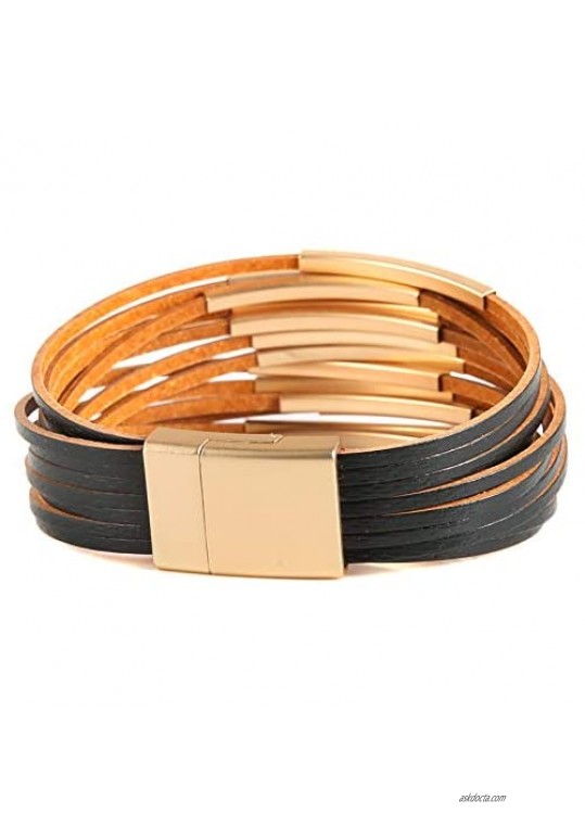 HZMAN Genuine Leather Wrap Bracelets Bohemian Multilayer Magnetic Stacking Bracelets Handmade Wristband Gorgeous Wrap Bracelet for Women Teens Sister Gifts