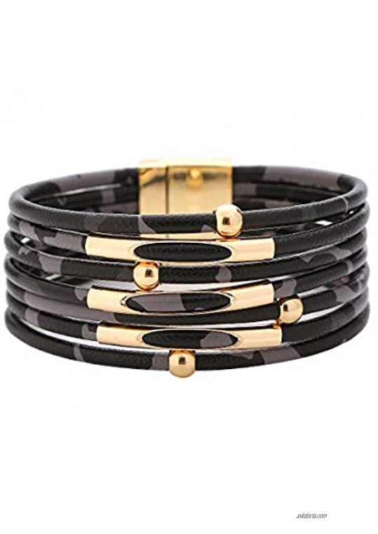 JLZK Leather Wrap Bracelet Multi-Layer Wrap Leopard Cuff Bangle Keep Fucking Going Bracelets for Women Girls Handmade Magnetic Clasp Jewelry