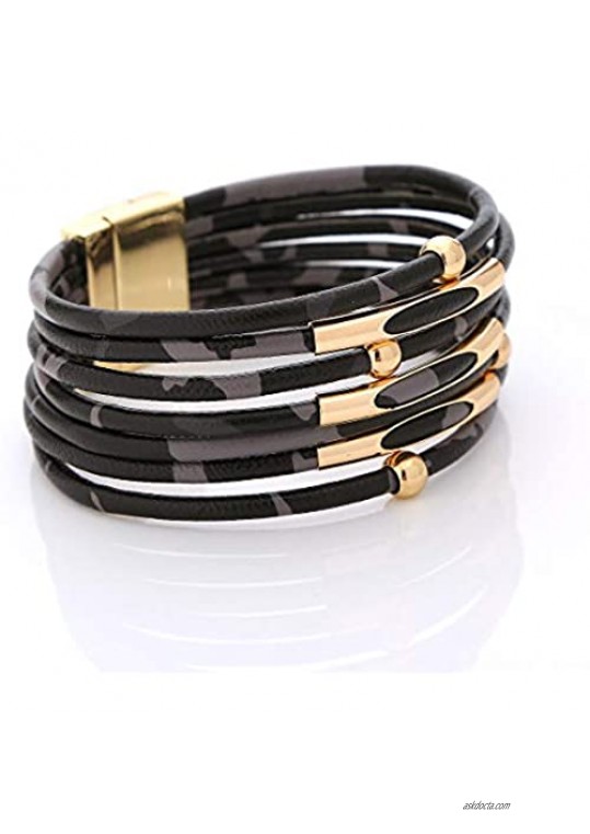JLZK Leather Wrap Bracelet Multi-Layer Wrap Leopard Cuff Bangle Keep Fucking Going Bracelets for Women Girls Handmade Magnetic Clasp Jewelry