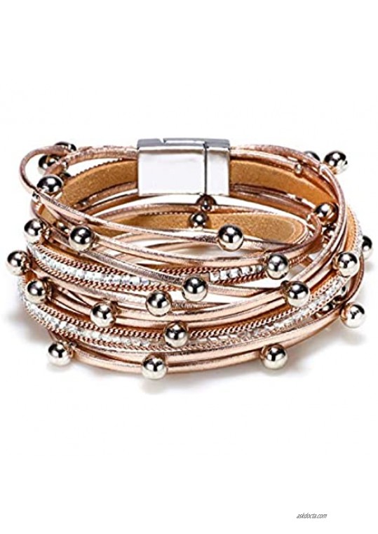 Joctly Leather Wrap Bracelet Boho Cuff Bracelet Crystal Bead Bracelet Rhinestone Handmade Bangle Magnetic Stackable Bracelets for Women Ermish Clasp Bracelets (Brown)