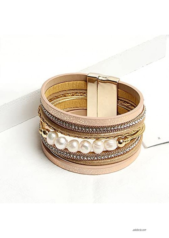 JUWRRY Bohemian Bracelet Braided Real Leather Hand Trim Multilayer Wide-Edged Hand Strung Beaded Bangle for Ladies