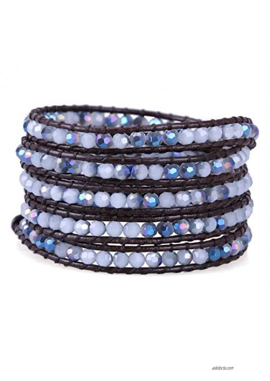 KELITCH 5 Wrap Bracelet White Crystal Beaded Bracelet Womens Chain Brown Leather Bracelets