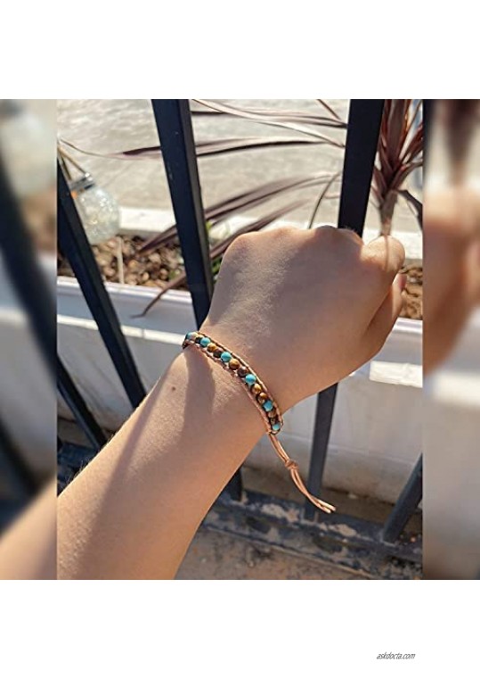 KELITCH Created-Turquoise Beaded Bracelets Original Leather Wrap Bracelets Handmade Boho Bangles