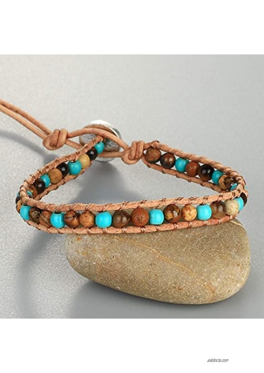 KELITCH Created-Turquoise Beaded Bracelets Original Leather Wrap Bracelets Handmade Boho Bangles