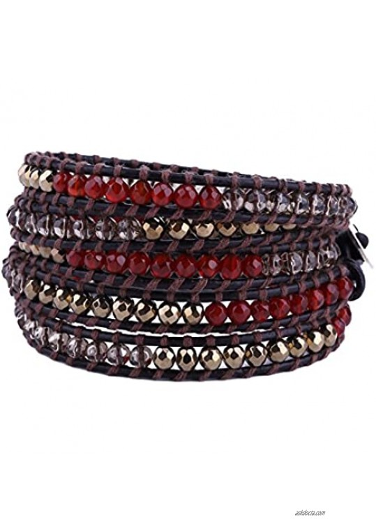 KELITCH Crystal on Leather 5 Wrap Bracelet Handmade Women Fashion Style Jewelry (Red)