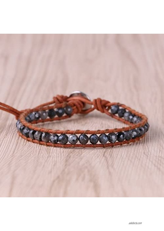 KELITCH Natural Gems Agate Beaded Leather Wrap Bracelets Handmade Woven Braided Bracelets (Black)