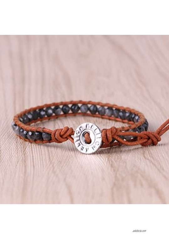 KELITCH Natural Gems Agate Beaded Leather Wrap Bracelets Handmade Woven Braided Bracelets (Black)