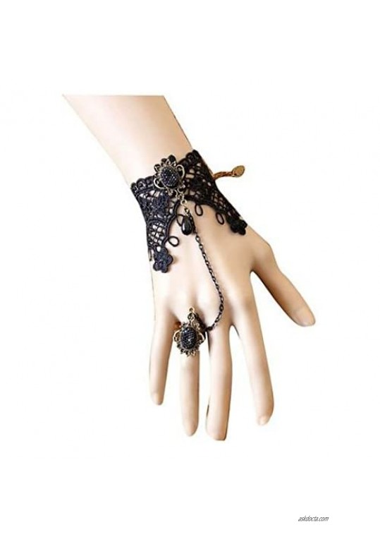 KMG Retro Vintage Vampire Accessories Wedding Decorations Classic Royal Court Palace Gothic Style Punk Rock Women Lady Girls Lace Chain Wristband Bracelet With Finger Ring And Jewel Jewelry Halloween Decoratioins Present For Costume Ball Fancy Ball Masquerade - Black