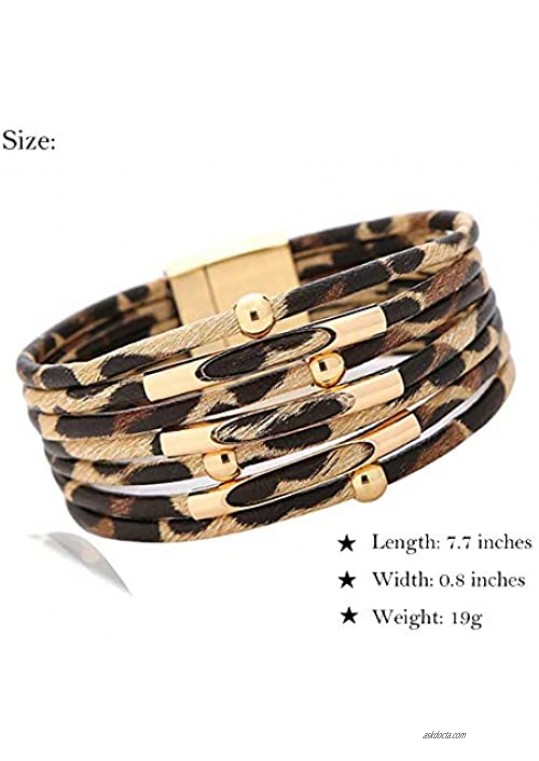 Konpicca Leather Wrap Bracelet Leopard Bracelet Handmade Multi-Layer Bohemian Bracelet Charm Bangle Bracelet for Women
