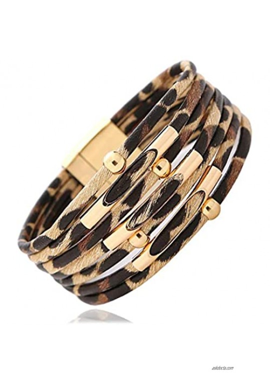 Konpicca Leather Wrap Bracelet Leopard Bracelet Handmade Multi-Layer Bohemian Bracelet Charm Bangle Bracelet for Women