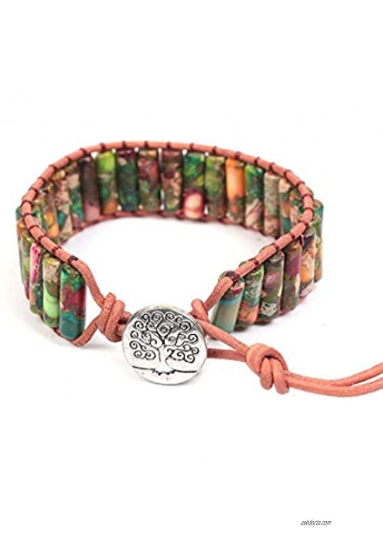 LAVI Handmade Leather Chakra Imperial Jasper Beads Cuff Wrap Alloy Bracelet for Women Men Bohemian Style