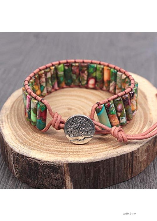 LAVI Handmade Leather Chakra Imperial Jasper Beads Cuff Wrap Alloy Bracelet for Women Men Bohemian Style